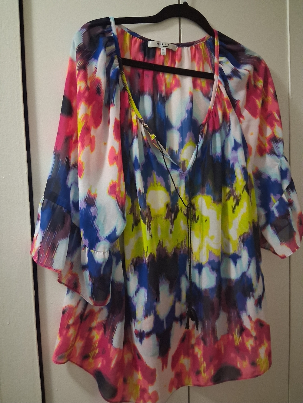 Milly Multicolor Watercolor Ikat Blouse — Pink, Yellow, Blue, Purple